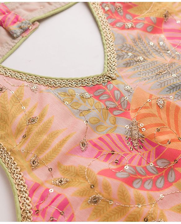 Pine Kids Woven Lehenga Choli and Dupatta with Sleeveless and Leaves Print in Light Pink