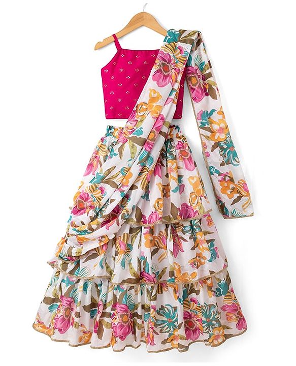 Pine Kids Woven Full Sleeves Choli Lehenga & Dupatta with Full Length and Floral Print in Pink