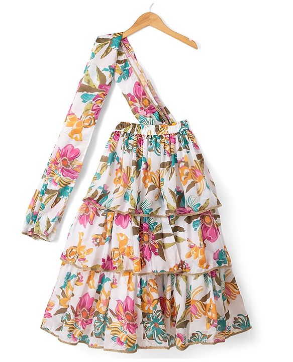 Pine Kids Woven Full Sleeves Choli Lehenga & Dupatta with Full Length and Floral Print in Pink