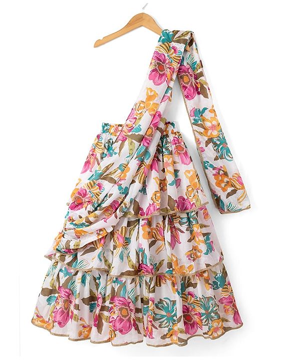 Pine Kids Woven Full Sleeves Choli Lehenga & Dupatta with Full Length and Floral Print in Pink