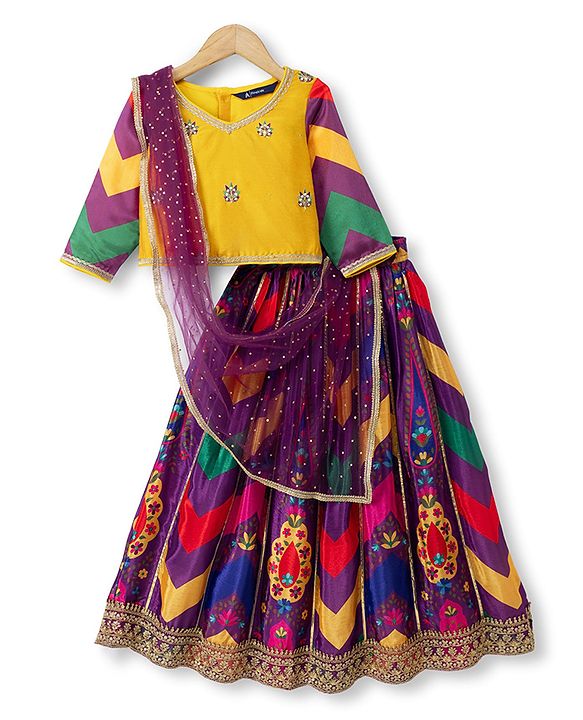 Pine Kids Woven Full Sleeves Choli and Lehenga with Dupatta and Floral Print and Sequins - Yellow
