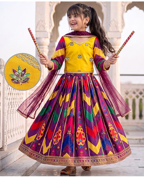 Pine Kids Woven Full Sleeves Choli and Lehenga with Dupatta and Floral Print and Sequins - Yellow