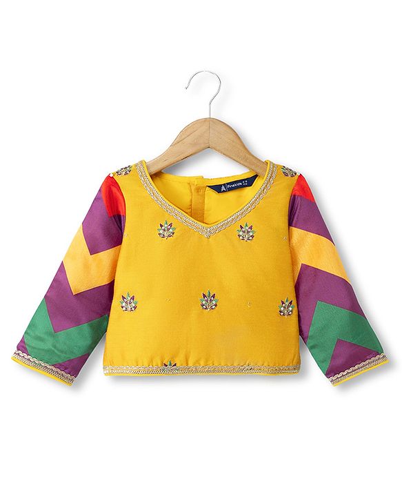 Pine Kids Woven Full Sleeves Choli and Lehenga with Dupatta and Floral Print and Sequins - Yellow