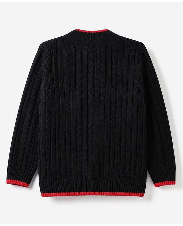 Pine Kids Knit Full Sleeves Front Open Sweater with Cable Knit Design - Black