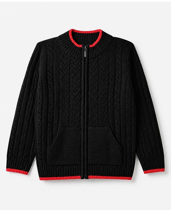 Pine Kids Knit Full Sleeves Front Open Sweater with Cable Knit Design - Black