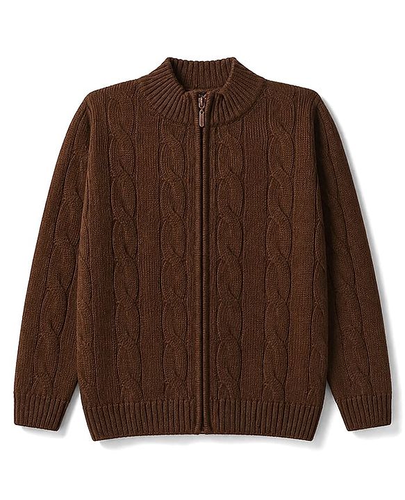 Pine Kids Knit Full Sleeves Front Open Sweater with Cable Knit Design - Brown