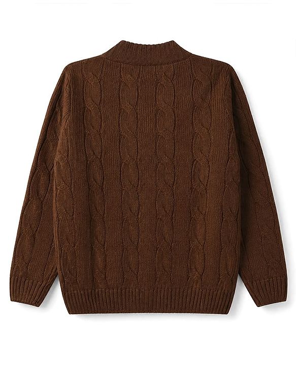 Pine Kids Knit Full Sleeves Front Open Sweater with Cable Knit Design - Brown