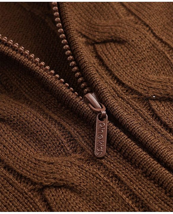 Pine Kids Knit Full Sleeves Front Open Sweater with Cable Knit Design - Brown