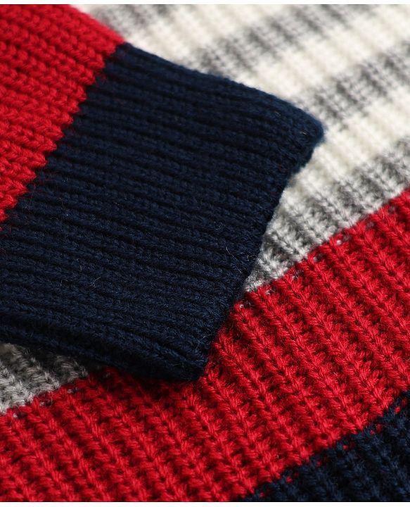 Pine Kids Knit Front Open Sweater with Full Sleeves and Striped Design - Red
