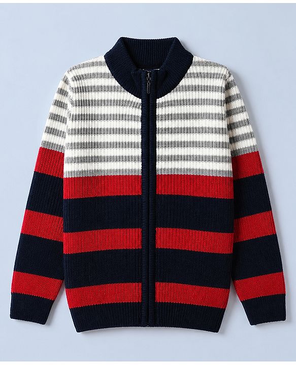 Pine Kids Knit Front Open Sweater with Full Sleeves and Striped Design - Red