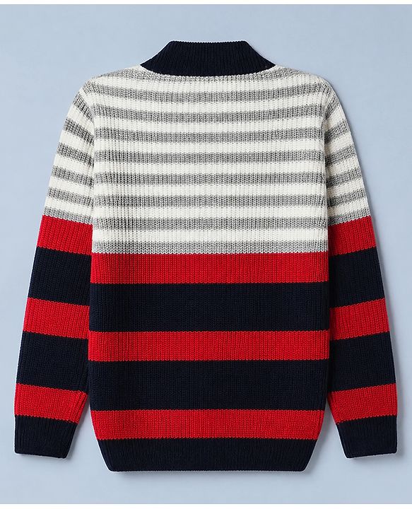 Pine Kids Knit Front Open Sweater with Full Sleeves and Striped Design - Red