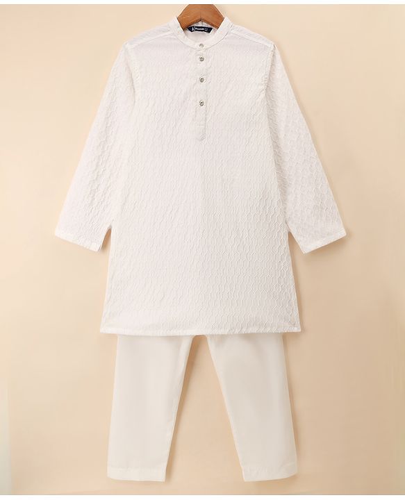 Pine Kids Woven Full Sleeves Embroidered Kurta & Pyjama Set - White