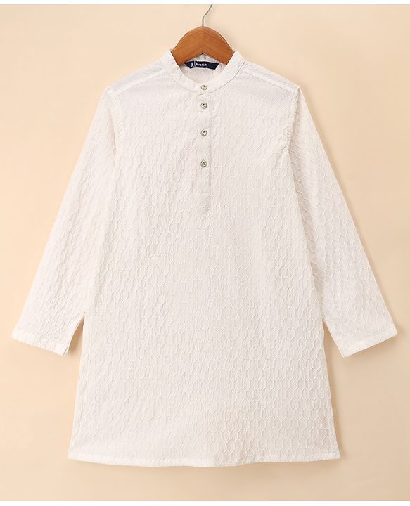 Pine Kids Woven Full Sleeves Embroidered Kurta & Pyjama Set - White