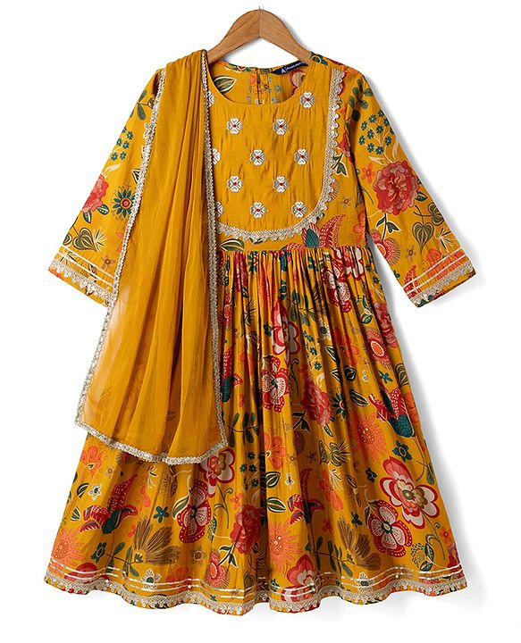 Pine Kids Woven Three Fourth Sleeves Kurti, Sharara and Dupatta with Floral Print in Mustard