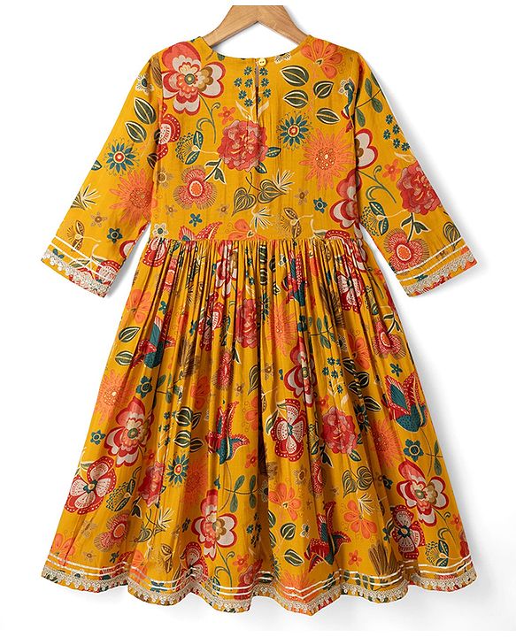 Pine Kids Woven Three Fourth Sleeves Kurti, Sharara and Dupatta with Floral Print in Mustard