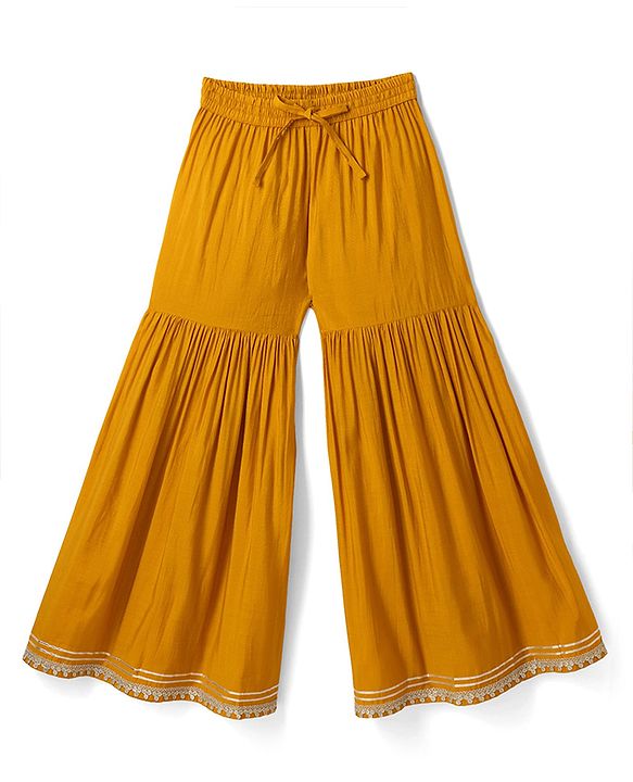 Pine Kids Woven Three Fourth Sleeves Kurti, Sharara and Dupatta with Floral Print in Mustard