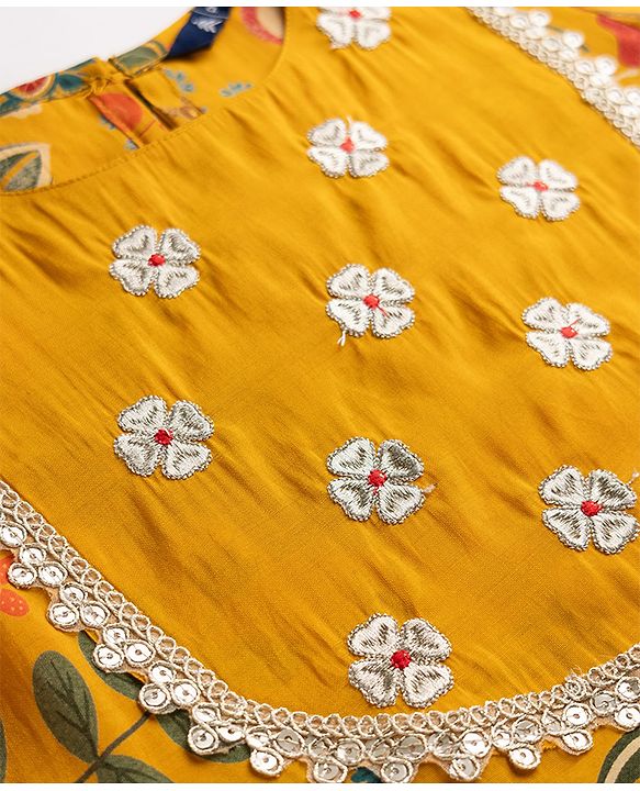 Pine Kids Woven Three Fourth Sleeves Kurti, Sharara and Dupatta with Floral Print in Mustard