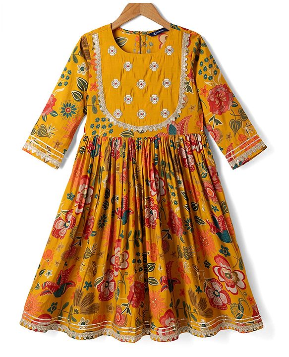 Pine Kids Woven Three Fourth Sleeves Kurti, Sharara and Dupatta with Floral Print in Mustard