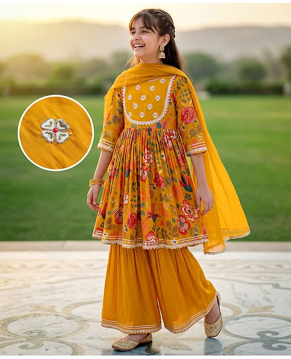 Pine Kids Woven Three Fourth Sleeves Kurti, Sharara and Dupatta with Floral Print in Mustard