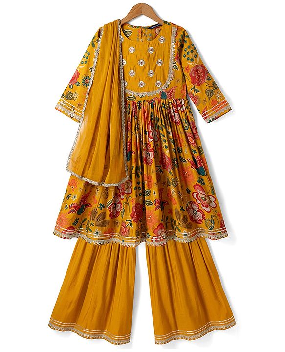 Pine Kids Woven Three Fourth Sleeves Kurti, Sharara and Dupatta with Floral Print in Mustard