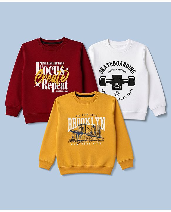 Pine Kids Cotton Mix Knit Sweatshirts with Full Sleeves and Text Print Pack of 3 - Maroon & White