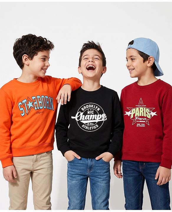 Pine Kids Cotton Mixes Knit Sweatshirts with Full Sleeves and Starborn Champs Paris Print Pack of 3 - Orange Red Black