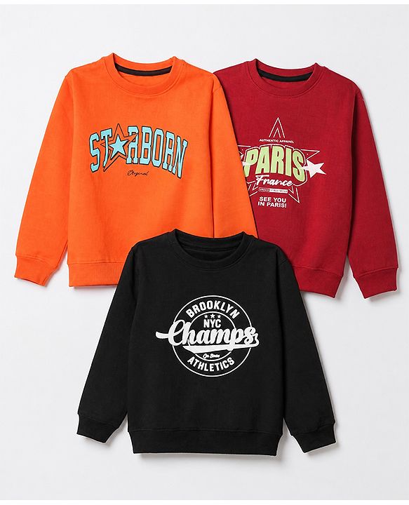 Pine Kids Cotton Mixes Knit Sweatshirts with Full Sleeves and Starborn Champs Paris Print Pack of 3 - Orange Red Black