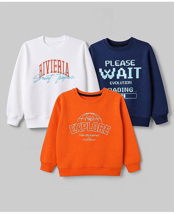 Pine Kids Cotton Mixes Knit Sweatshirts with Full Sleeves and Rivera Explore & Please Wait Print Pack of 3 - Navy Blue Orange White