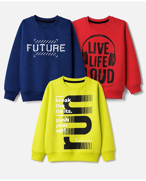 Pine Kids Cotton Mix Knit Sweatshirts with Full Sleeves and Text Print Pack of 3 in Navy Blue