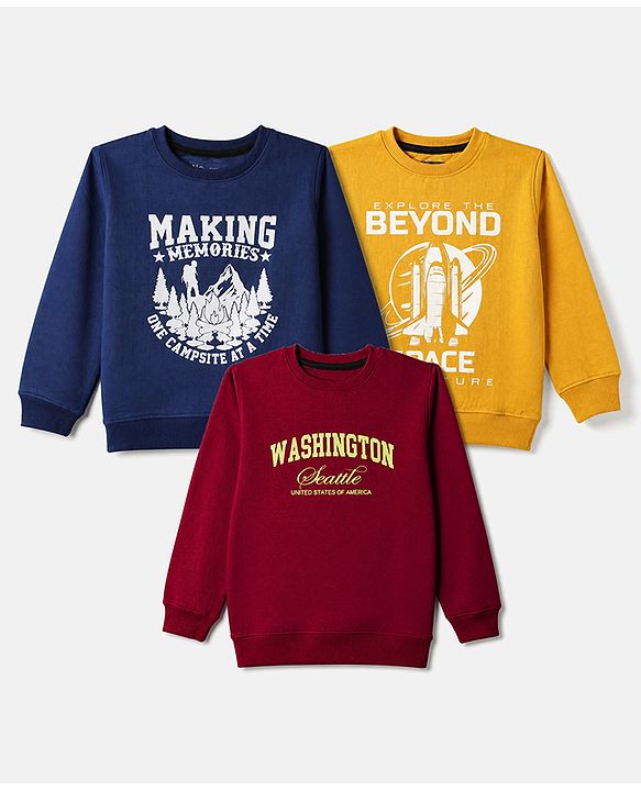 Pine Kids Cotton Mix Knit Full Sleeves Sweatshirt With Text Print Pack of 3 - Navy Blue, Red & Yellow