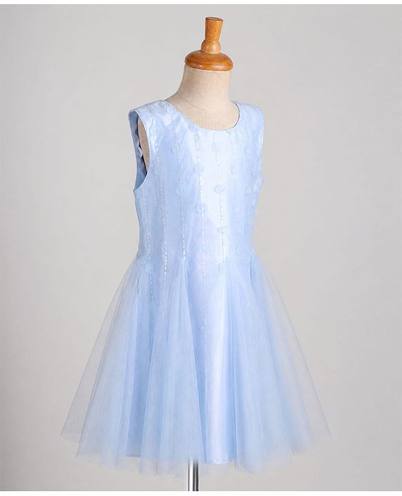 Pine Kids Woven Mesh Sleeveless Party Dress with Floral Applique & Sequined Design - Light Blue