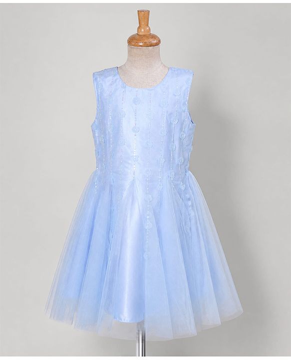 Pine Kids Woven Mesh Sleeveless Party Dress with Floral Applique & Sequined Design - Light Blue