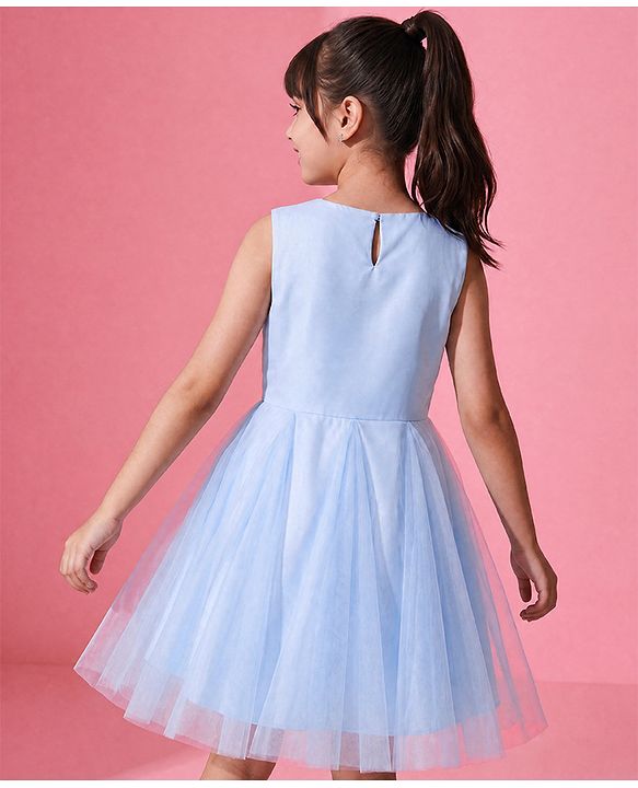 Pine Kids Woven Mesh Sleeveless Party Dress with Floral Applique & Sequined Design - Light Blue