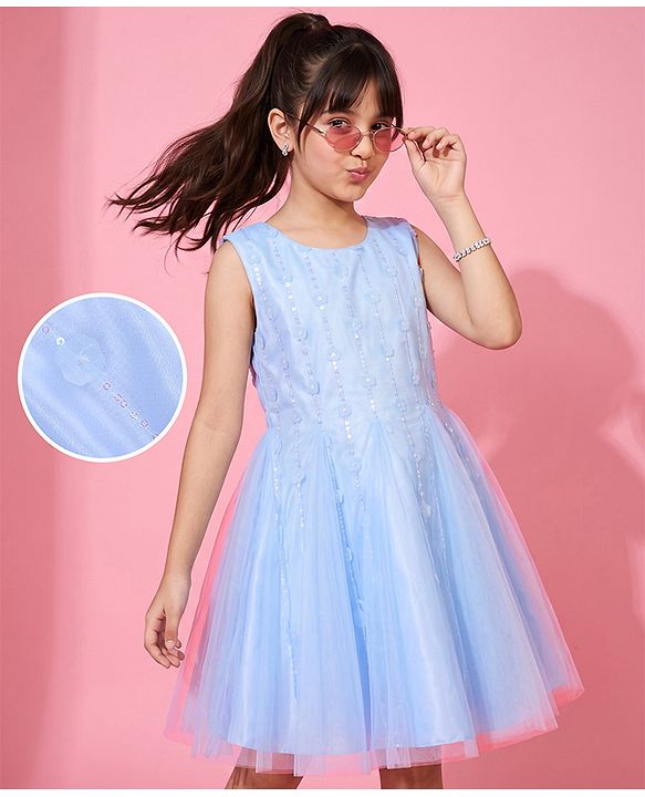 Pine Kids Woven Mesh Sleeveless Party Dress with Floral Applique & Sequined Design - Light Blue