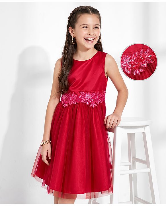 Pine Kids Woven Sleeveless Party Dress With Sequinned Floral Applique - Dark Pink