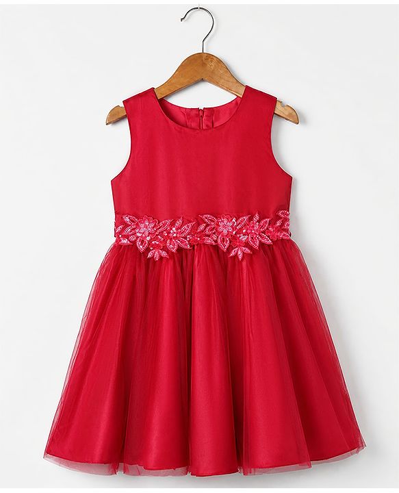 Pine Kids Woven Sleeveless Party Dress With Sequinned Floral Applique - Dark Pink