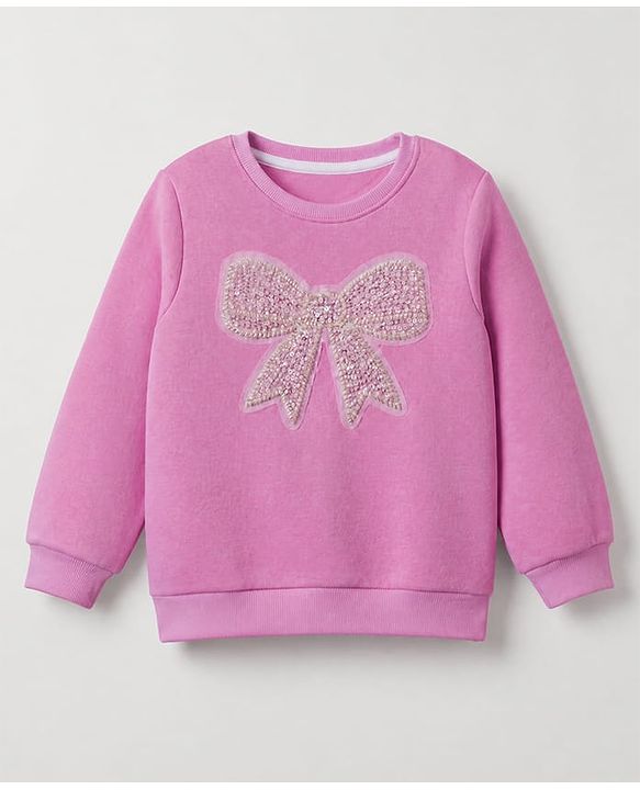 Pine Kids Cotton Mix Knit Sweatshirt with Full Sleeves and Bow Sequins in Pink