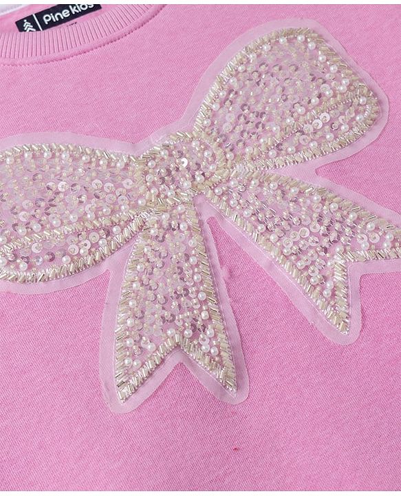 Pine Kids Cotton Mix Knit Sweatshirt with Full Sleeves and Bow Sequins in Pink
