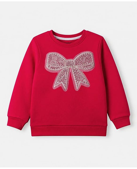 Pine Kids Cotton Mix Knit Sweatshirt with Full Sleeves and Bow Sequins Detailing in Red