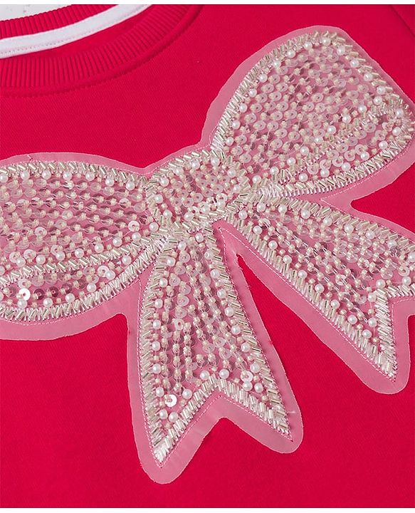Pine Kids Cotton Mix Knit Sweatshirt with Full Sleeves and Bow Sequins Detailing in Red