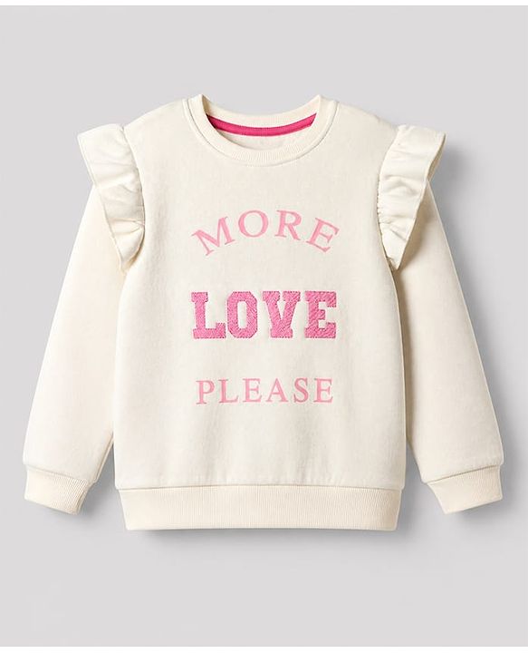 Pine Kids Knit Sweatshirt with Full Sleeves and More Love Please Embroidery in Offwhite