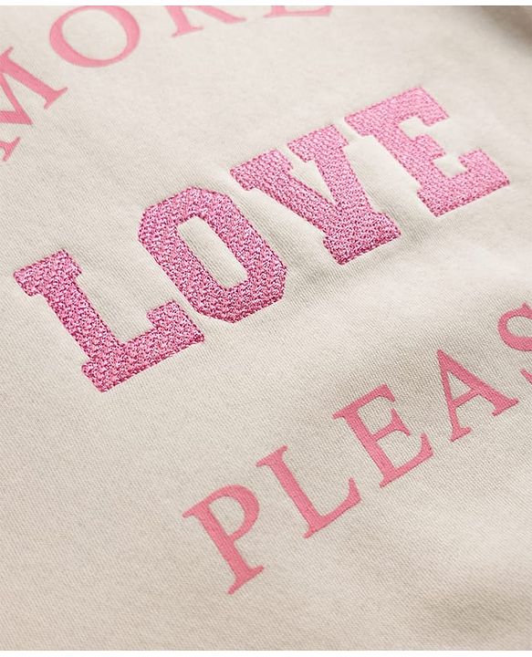 Pine Kids Knit Sweatshirt with Full Sleeves and More Love Please Embroidery in Offwhite
