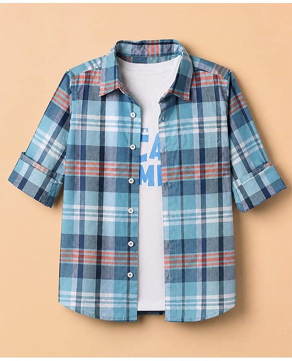 Pine Kids 100% Cotton Woven Full Sleeves Shirt and Tank Top with It' Vacay Time Print in Light/Sky Blue