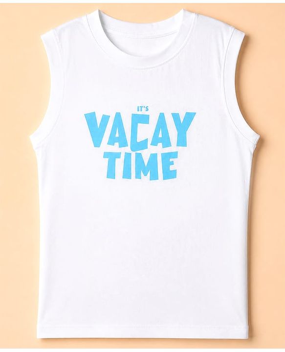 Pine Kids 100% Cotton Woven Full Sleeves Shirt and Tank Top with It' Vacay Time Print in Light/Sky Blue