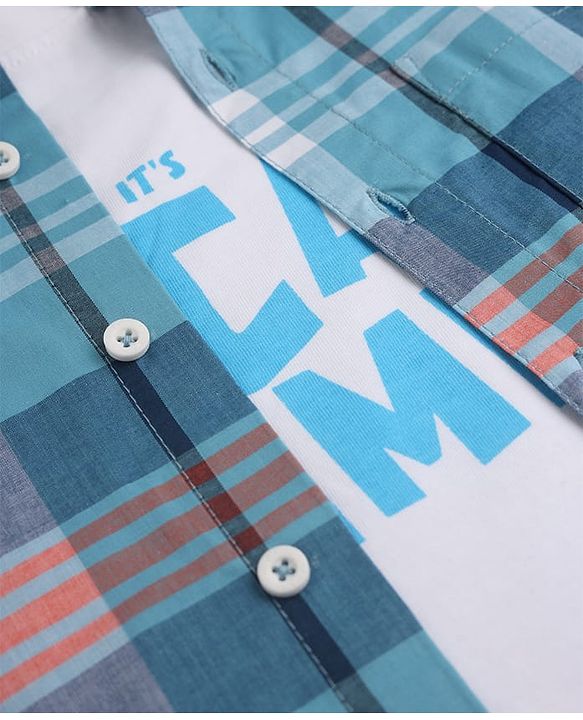 Pine Kids 100% Cotton Woven Full Sleeves Shirt and Tank Top with It' Vacay Time Print in Light/Sky Blue