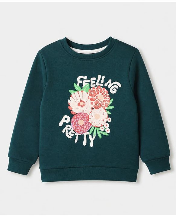 Pine Kids Cotton Mix Knit Sweatshirt with Full Sleeves and Floral Print in Dark Green