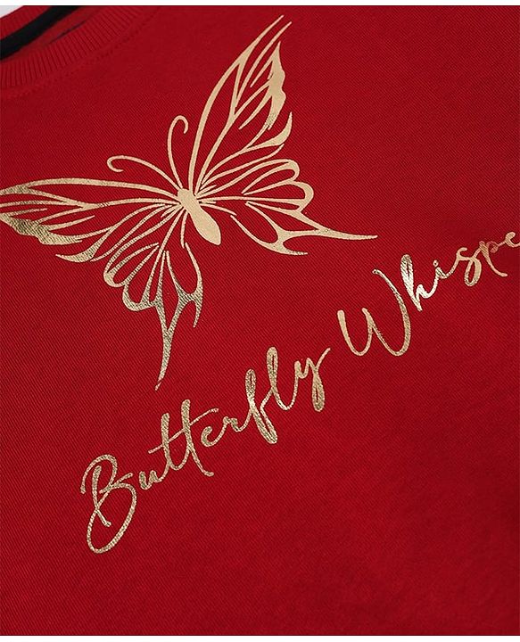 Pine Kids Cotton Mix Knit Sweatshirt with Full Sleeves and Butterfly Print in Red