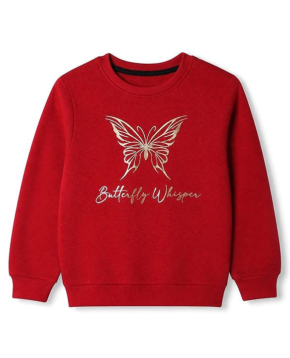 Pine Kids Cotton Mix Knit Sweatshirt with Full Sleeves and Butterfly Print in Red