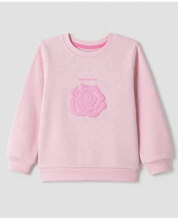 Pine Kids Cotton Knit Sweatshirt with Full Sleeves and Rose Patch in Pink