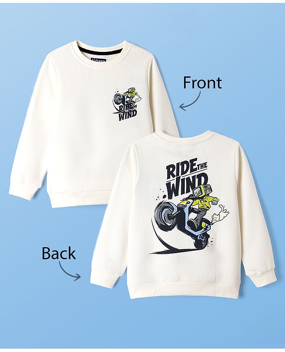 Pine Kids Cotton Mix Knit Sweatshirt with Full Sleeves and Ride The Wind Front and Back Print in Offwhite